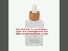 30ml, 50ml, 100ml Eco-friendly Elegant Square Clear Glass Dropper Bottle With Bamboo Lid Bamboo Essential Oil Bottle 