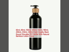 60ml, 80ml, 100ml, 120ml, 150ml, 180ml, 200ml, 250ml, 300ml High Quality Black Round Shoulder PET Bottle With Natural Bamboo Lotion Pump
