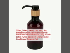 200ml, 300ml, 500ml, 7oz, 10oz, 16oz Refillable Amber Slanted Shoulder PET Bottle with Natural Bamboo Long Nozzle Lotion Pump, Bathroom Shampoo and Conditioner Dispenser Set