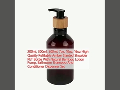 200ml, 300ml, 500ml, 7oz, 10oz, 16oz High Quality Refillable Amber Slanted Shoulder PET Bottle With Natural Bamboo Lotion Pump, Bathroom Shampoo And Conditioner Dispenser Set