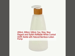 200ml, 300ml, 500ml, 7oz, 10oz, 16oz Elegant and Stylish Refillable White Conical HDPE Bottle with Natural Bamboo Lotion Pump