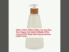 200ml, 250ml, 300ml, 500ml, 7oz, 8oz,10oz, 16oz Elegant And Stylish Refillable White Conical HDPE Bottle With Natural Bamboo Lotion Pump